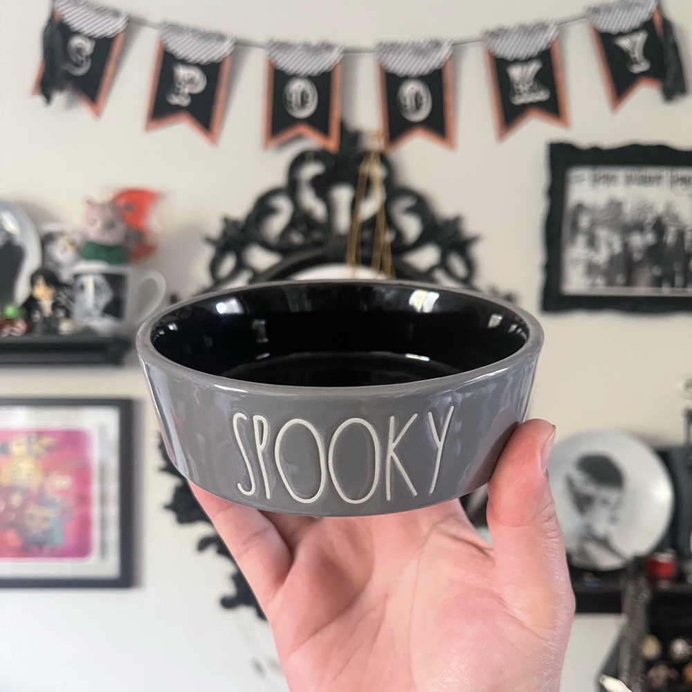 New Rae Dunn Gray Spooky Halloween Cat Pet Bowl